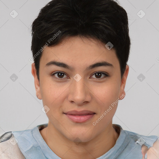 Joyful asian young-adult female with short  brown hair and brown eyes