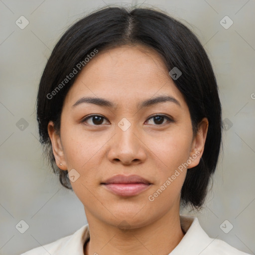 Neutral asian young-adult female with medium  brown hair and brown eyes