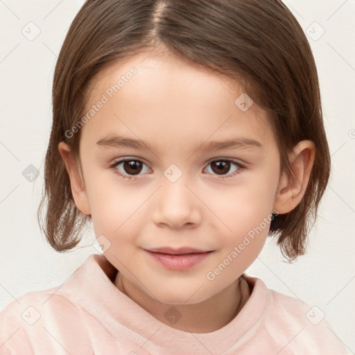 Joyful white child female with medium  brown hair and brown eyes