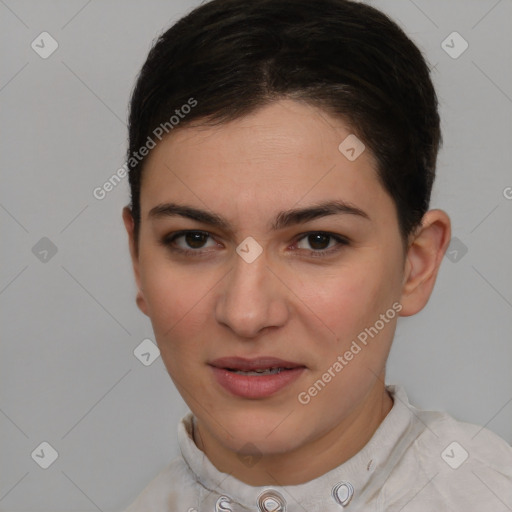 Joyful white young-adult female with short  brown hair and brown eyes