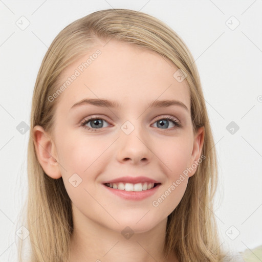 Joyful white child female with long  brown hair and blue eyes