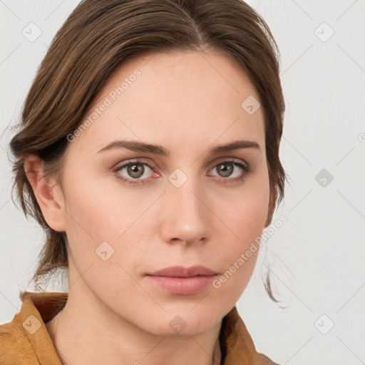 Neutral white young-adult female with medium  brown hair and grey eyes