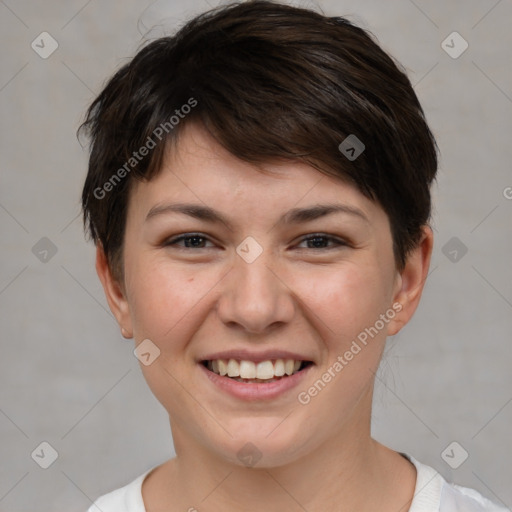 Joyful white young-adult female with short  brown hair and brown eyes