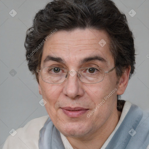 Joyful white middle-aged male with short  brown hair and brown eyes