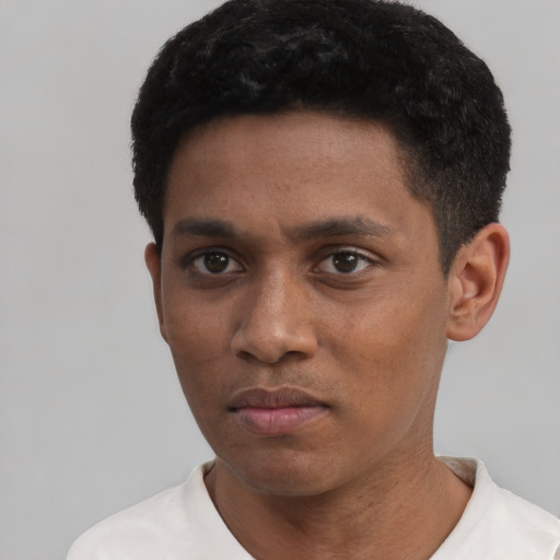 Neutral black young-adult male with short  black hair and brown eyes