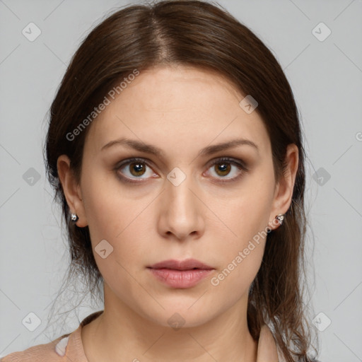 Neutral white young-adult female with medium  brown hair and brown eyes