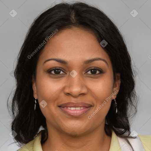 Joyful black adult female with medium  brown hair and brown eyes