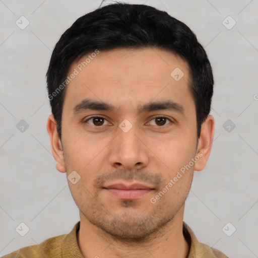 Neutral asian young-adult male with short  black hair and brown eyes