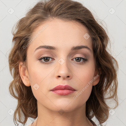 Neutral white young-adult female with medium  brown hair and brown eyes