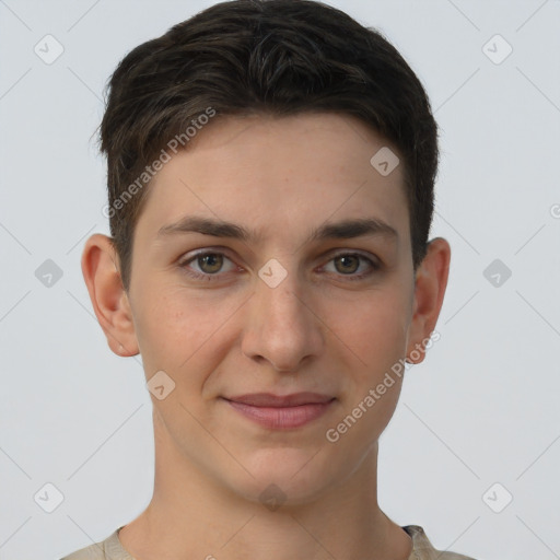 Joyful white young-adult female with short  brown hair and brown eyes