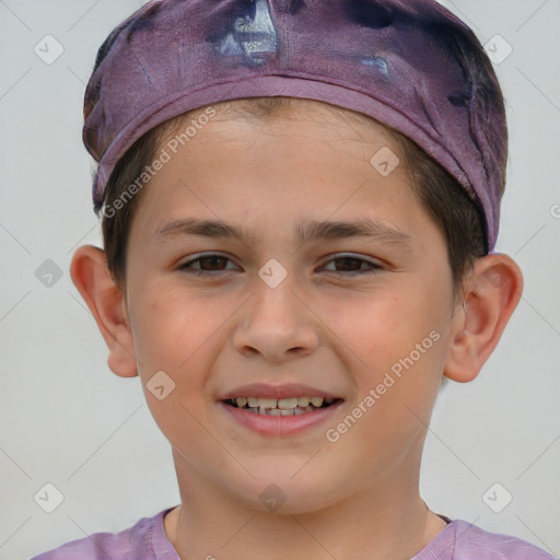 Joyful white child female with short  brown hair and brown eyes