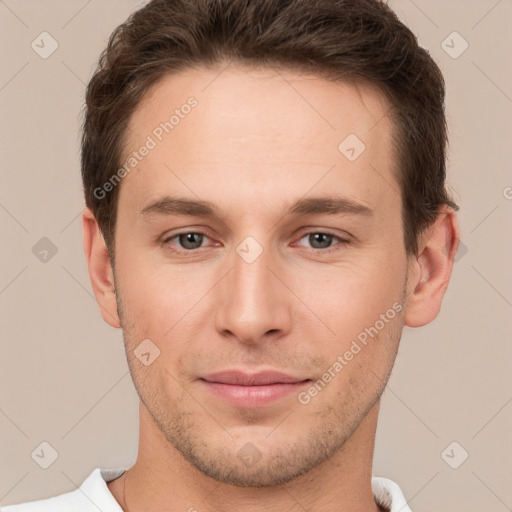 Joyful white young-adult male with short  brown hair and brown eyes