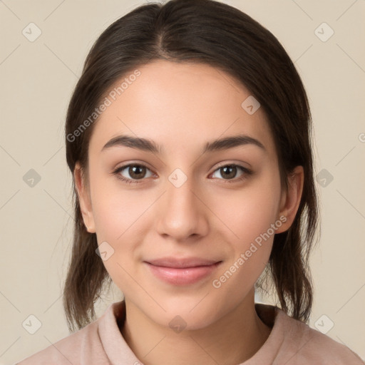 Joyful white young-adult female with medium  brown hair and brown eyes