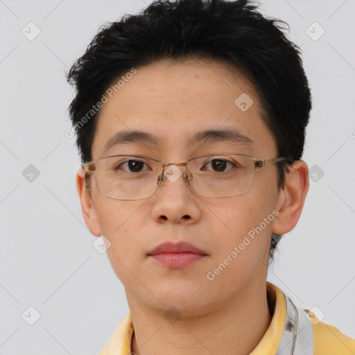 Neutral asian young-adult male with short  brown hair and brown eyes