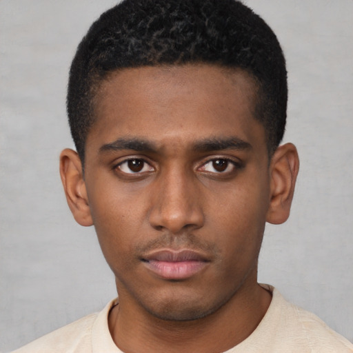 Neutral black young-adult male with short  black hair and brown eyes