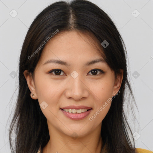 Joyful white young-adult female with long  brown hair and brown eyes