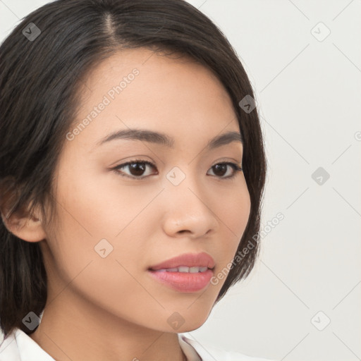 Neutral white young-adult female with medium  brown hair and brown eyes