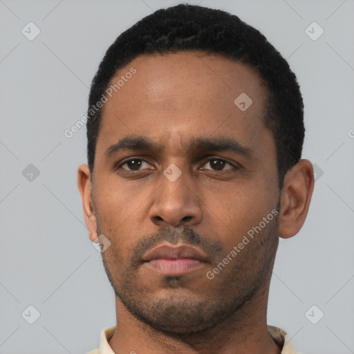 Neutral black young-adult male with short  black hair and brown eyes