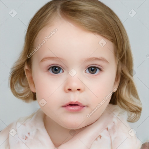 Neutral white child female with medium  brown hair and blue eyes