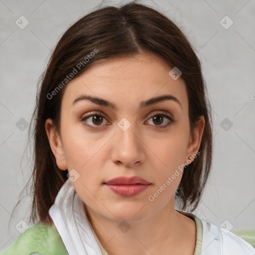 Neutral white young-adult female with medium  brown hair and brown eyes