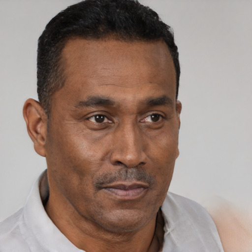 Neutral black adult male with short  brown hair and brown eyes