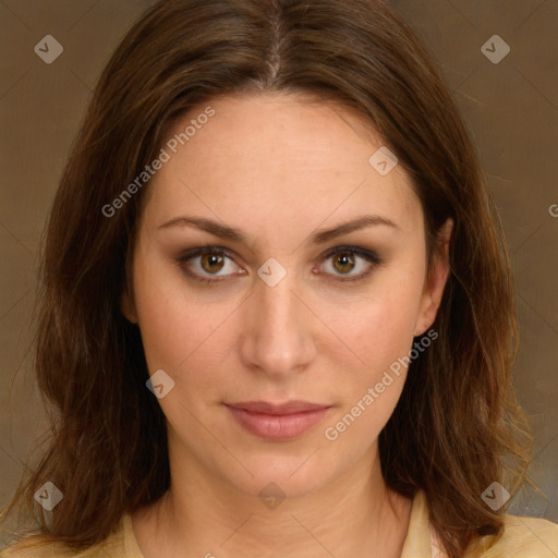 Joyful white young-adult female with medium  brown hair and green eyes