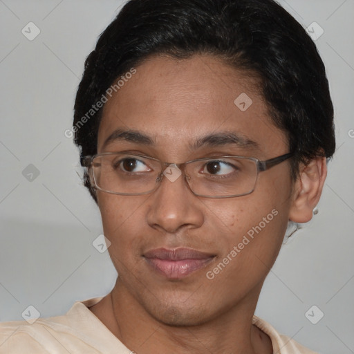 Joyful asian young-adult female with short  brown hair and brown eyes