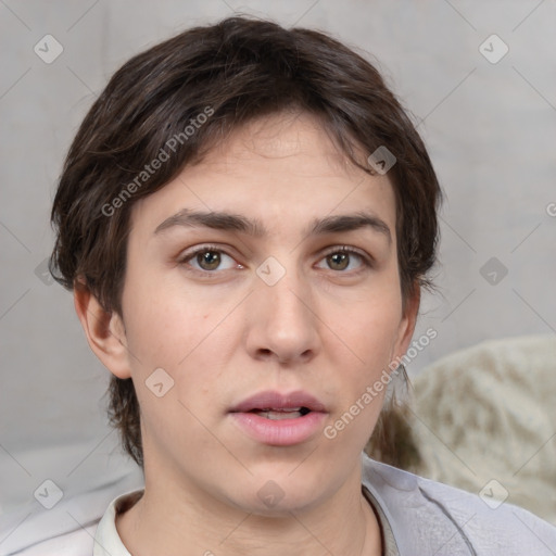 Neutral white young-adult female with medium  brown hair and brown eyes