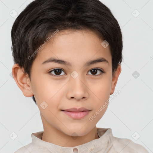 Joyful white child female with short  brown hair and brown eyes