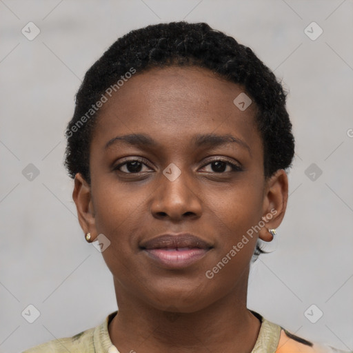 Neutral black young-adult female with short  black hair and brown eyes