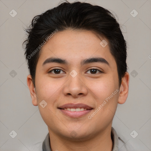 Joyful asian young-adult male with short  brown hair and brown eyes