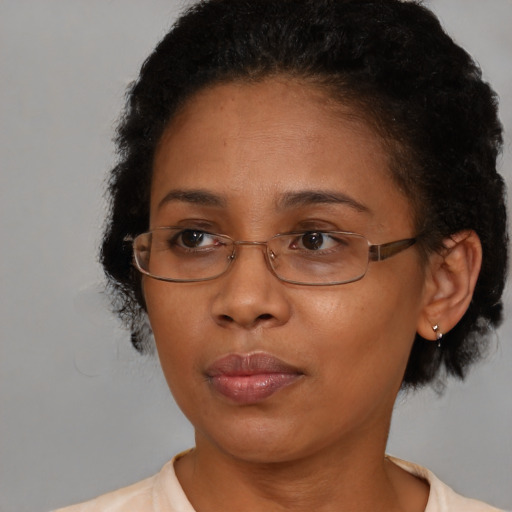 Neutral black adult female with short  brown hair and brown eyes