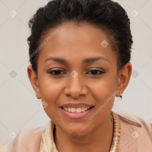 Joyful latino young-adult female with short  brown hair and brown eyes