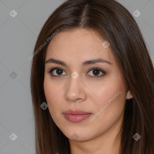 Neutral white young-adult female with long  brown hair and brown eyes