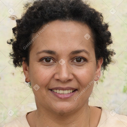 Joyful white adult female with short  brown hair and brown eyes