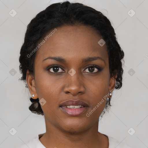 Neutral black young-adult female with short  black hair and brown eyes