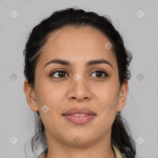 Joyful latino young-adult female with medium  brown hair and brown eyes