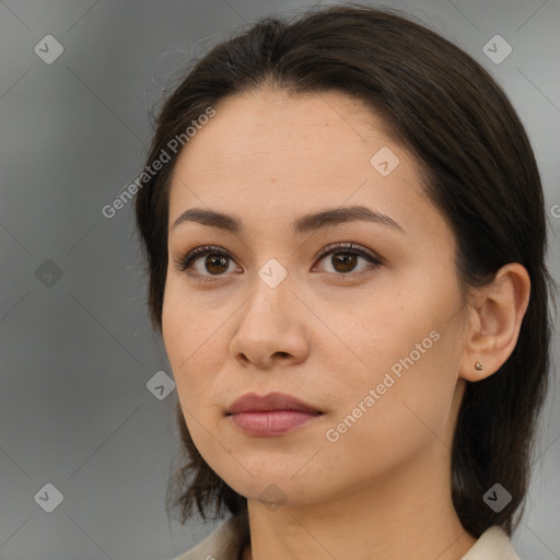 Neutral white young-adult female with medium  brown hair and brown eyes