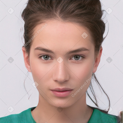 Neutral white young-adult female with short  brown hair and brown eyes