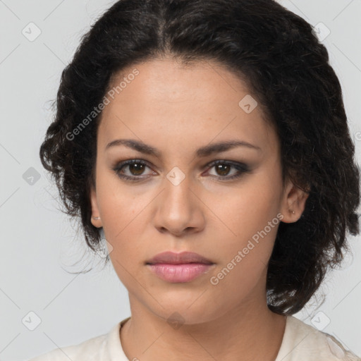 Neutral latino young-adult female with medium  brown hair and brown eyes