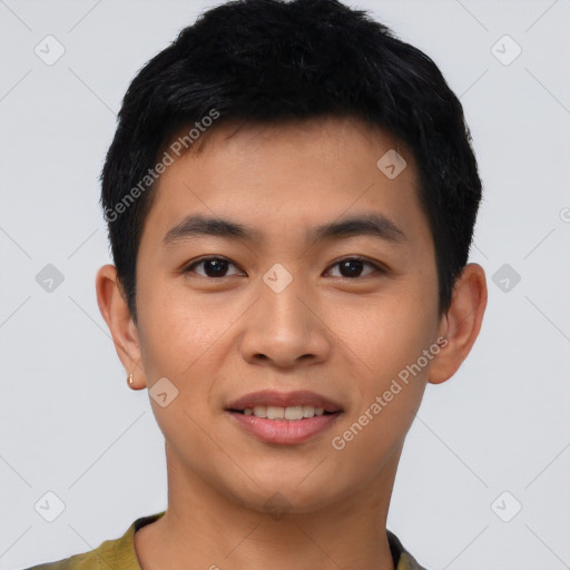 Joyful asian young-adult male with short  black hair and brown eyes