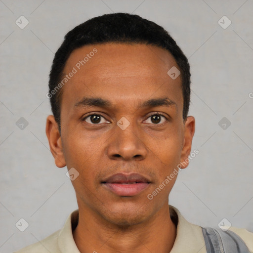 Neutral latino young-adult male with short  black hair and brown eyes