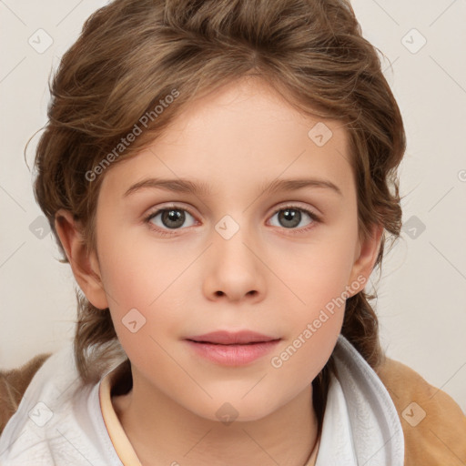 Neutral white child female with medium  brown hair and grey eyes