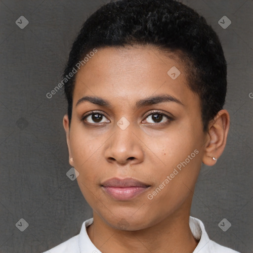 Neutral black young-adult female with short  black hair and brown eyes