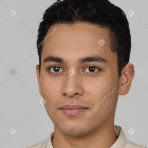 Neutral latino young-adult male with short  black hair and brown eyes