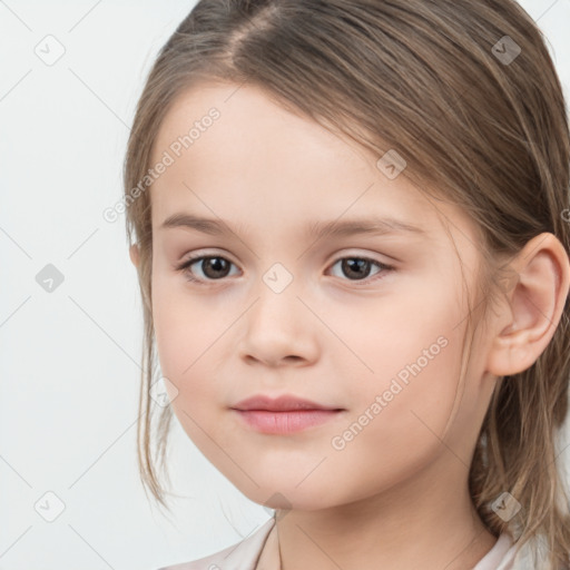 Joyful white child female with medium  brown hair and brown eyes