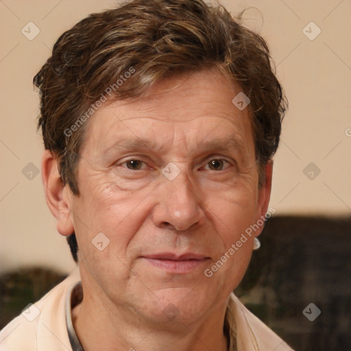 Joyful white middle-aged male with short  brown hair and brown eyes