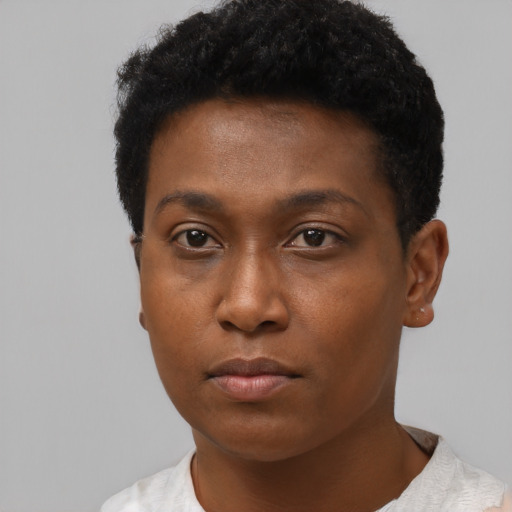 Neutral black young-adult female with short  black hair and brown eyes
