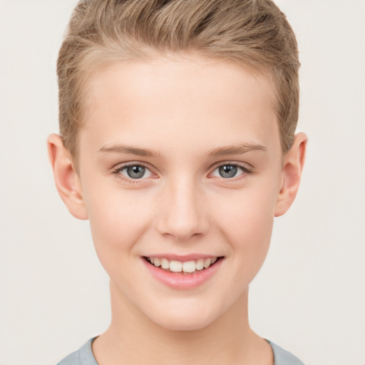 Joyful white child female with short  brown hair and grey eyes