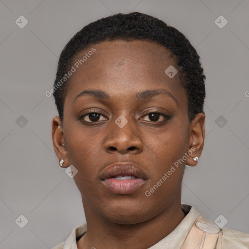 Neutral black young-adult female with short  brown hair and brown eyes